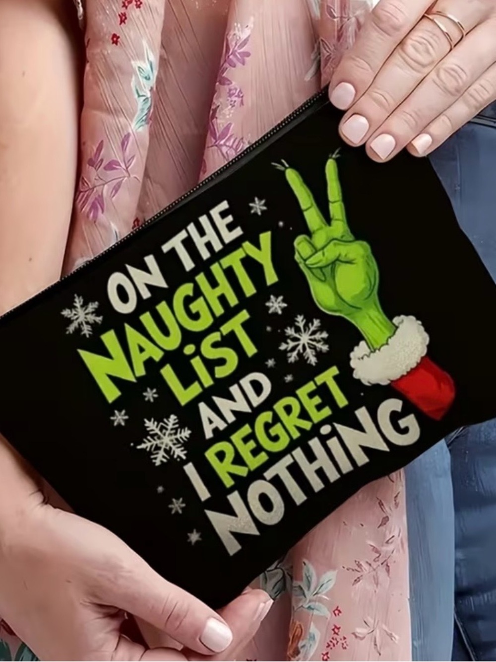 Funny Grinch Holiday Cosmetic or Accessory Bag - Black and Green - Picture 5 of 5